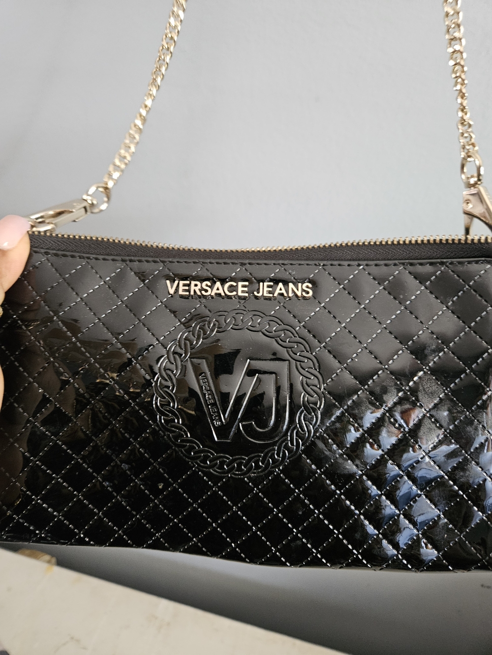 Versace Jeans Collection Black Quilted Patent Clutch with Chain Strap